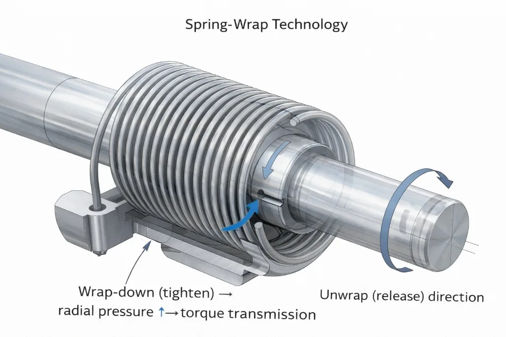3D-Engineering-Visualisierung der Spring-Wrap-Technologie, die zeigt, wie die radiale elastische Verformung ein gleichmäßiges Drehmoment erzeugt.