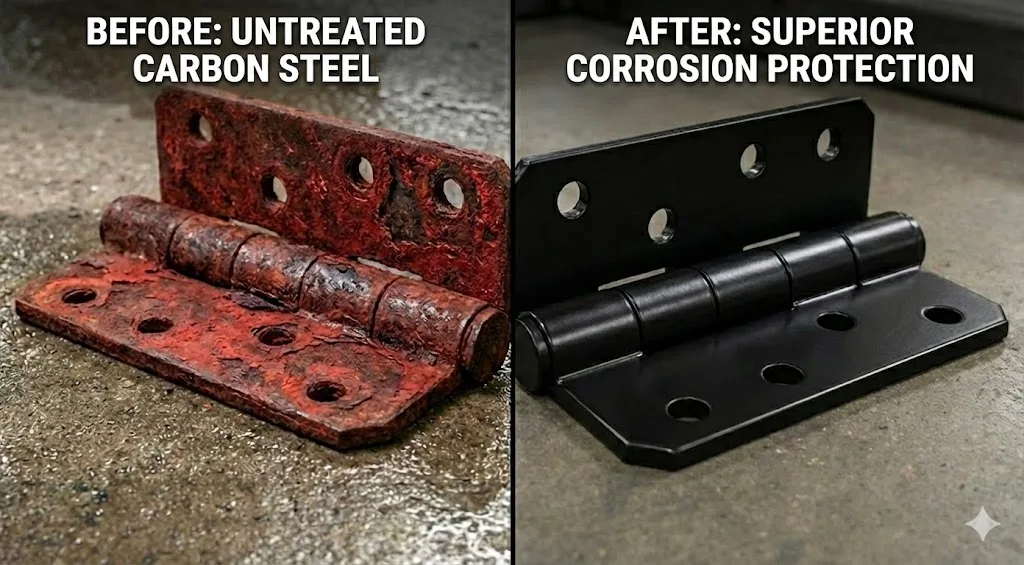 Vorher-Nachher-Vergleich zwischen einem rostigen, unbehandelten Scharnier und einem korrosionsgeschützten Scharnier.