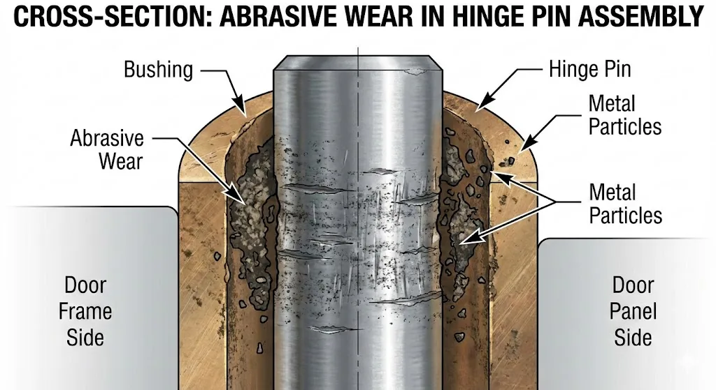 Secção transversal mostrando o desgaste abrasivo num pino de dobradiça e num casquilho devido a detritos e ciclos presos.