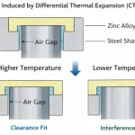 Diagramme en coupe transversale montrant la transition de l'ajustement par jeu à l'ajustement par interférence en raison de la contraction thermique différentielle entre l'alliage de zinc et l'acier.
