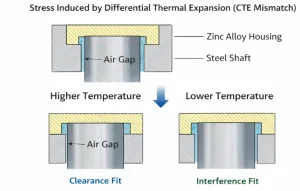 Cross-sectional diagram showing the transition from clearance fit to interference fit due to differential thermal contraction between zinc alloy and steel.