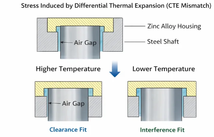 Diagramme en coupe transversale montrant la transition de l'ajustement par jeu à l'ajustement par interférence en raison de la contraction thermique différentielle entre l'alliage de zinc et l'acier.