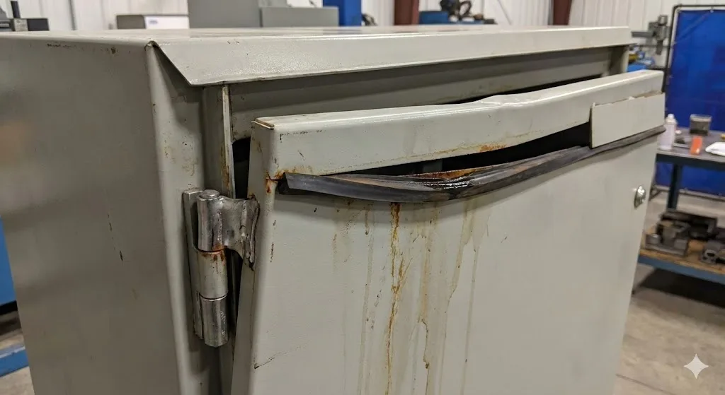 Una cerniera metallica piegata che causa il disallineamento dell'anta e la ruggine, illustrando un guasto alla cerniera.