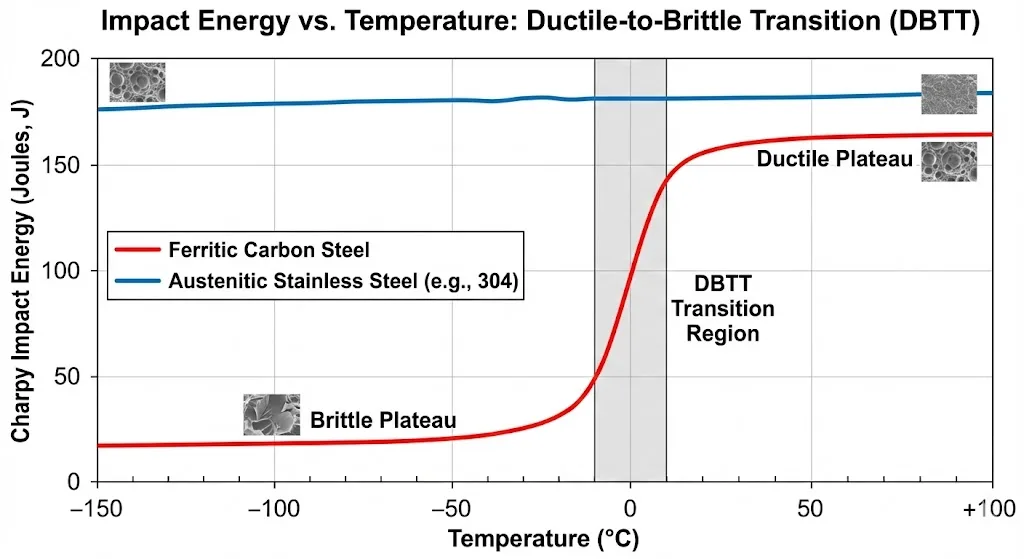 Vergleich der Charpy-Kerbschlagarbeit mit der Temperatur, der die Übergangszone von duktil zu spröde in ferritischen Stählen zeigt.