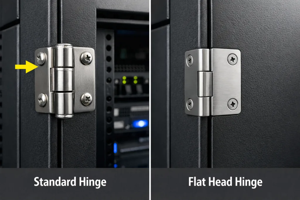 Confronto tra cerniera sporgente standard e cerniera a filo con testa piatta sull'anta del mobile.