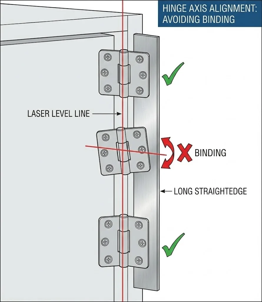 Cerniere a testa piatta su armadi server e un diagramma di allineamento per prevenire gli attacchi.