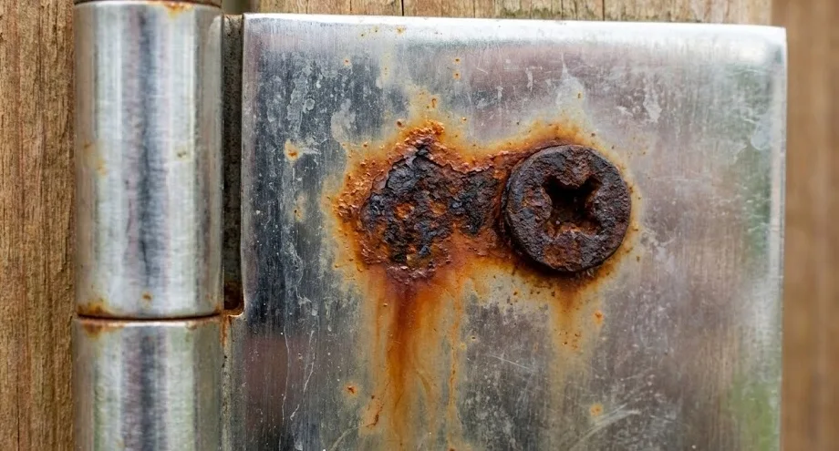 Galvanic corrosion: rusted carbon steel screw staining a stainless steel hinge.