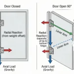 Diagramme des charges axiales et radiales de la charnière montrant le bras de levier et le moment avec la porte fermée et ouverte.