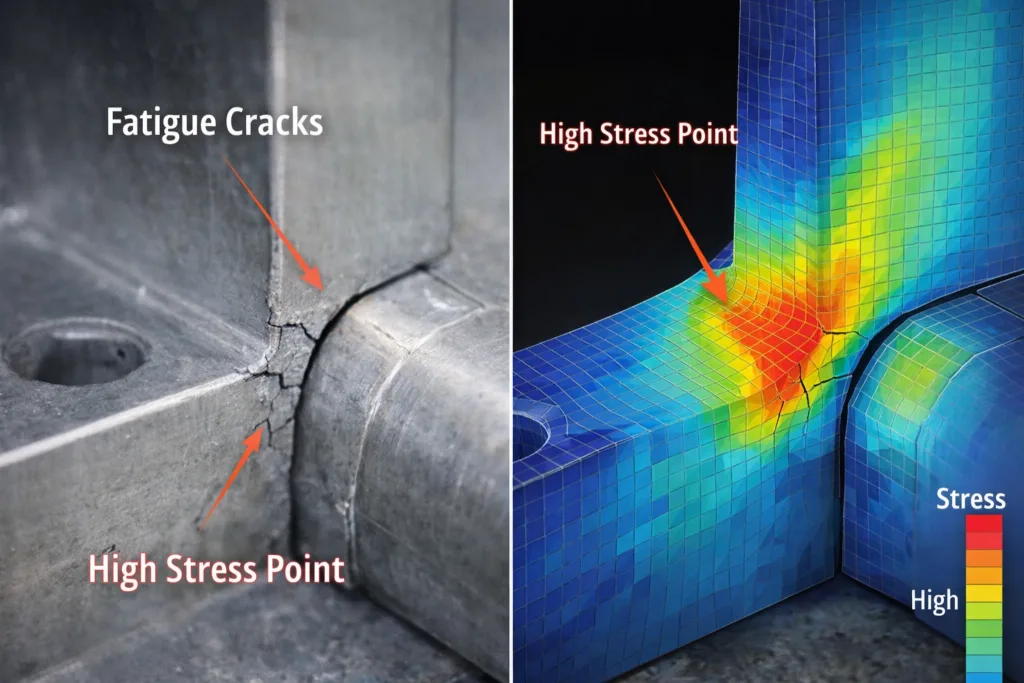 Fissuras de fadiga da dobradiça na dobra com mapa de calor FEA mostrando um ponto de tensão elevado.