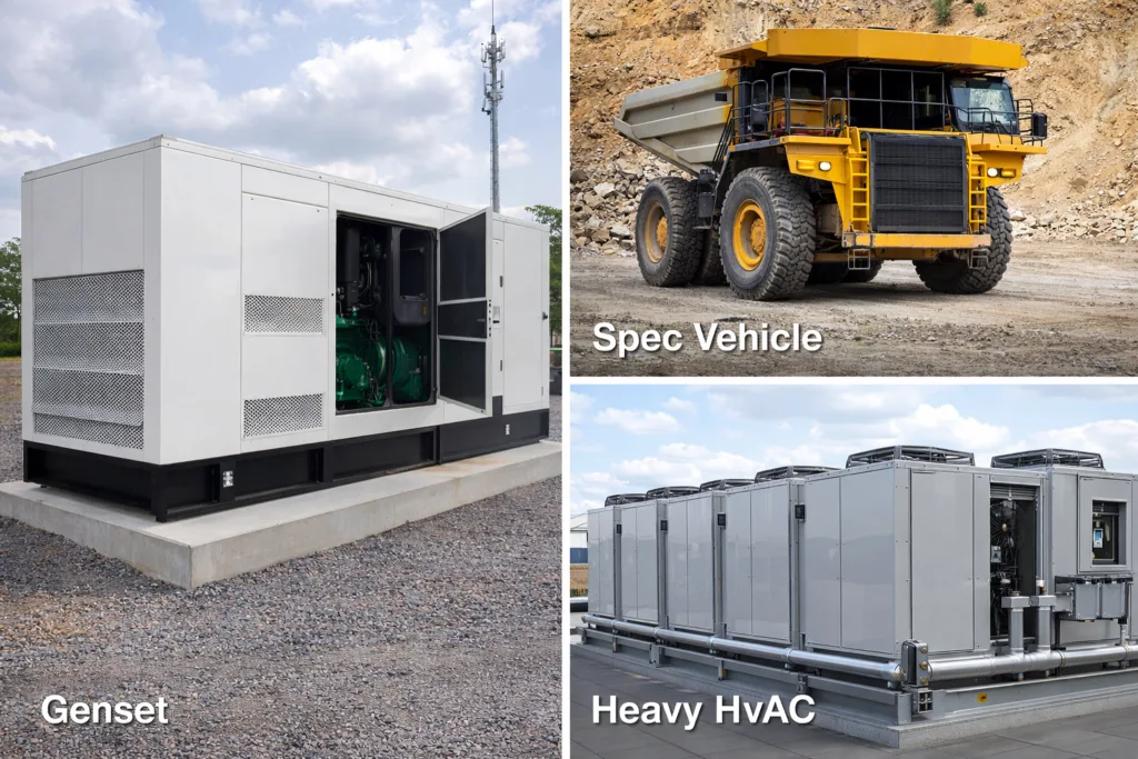 Contesti come quello dei gruppi elettrogeni, dei veicoli speciali e dell'HVAC, dove le cerniere più spesse impediscono il cedimento e la rottura delle guarnizioni.