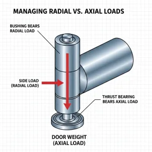부싱의 반경 방향 측면 하중과 스러스트 베어링의 축 방향 도어 무게를 보여주는 힌지 힘 다이어그램.