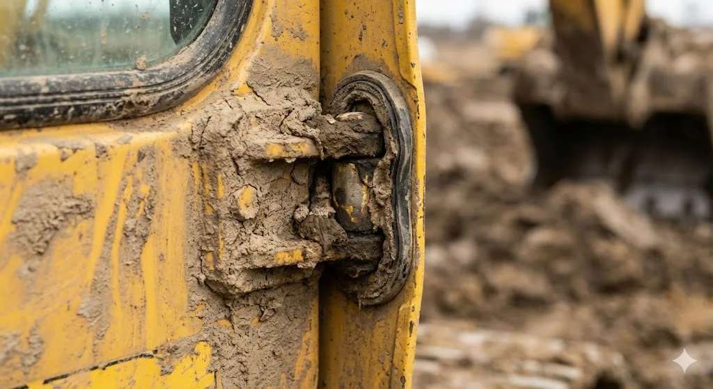 진흙으로 덮인 굴삭기 도어 경첩을 클로즈업하여 핀 주위에 보호용 고무 씰이 있음을 보여줍니다.