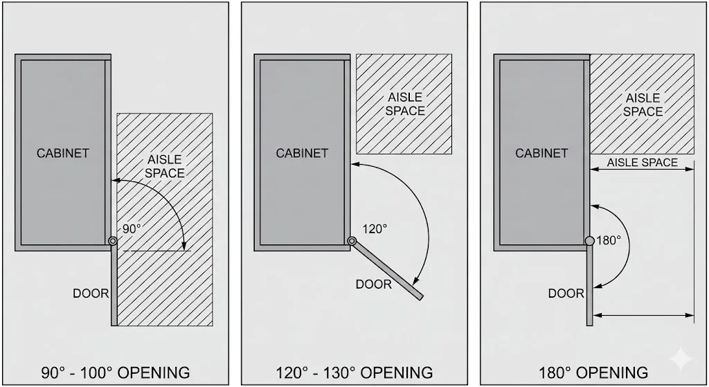 Vista dall'alto che confronta gli angoli di apertura delle porte a 90°, 120° e 180° e lo spazio necessario per il corridoio.