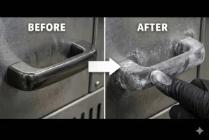 Vergleich von Polymergriffen mit stumpfen, gekreideten und verblichenen Griffen, die durch UV-Zersetzung verwittert sind.