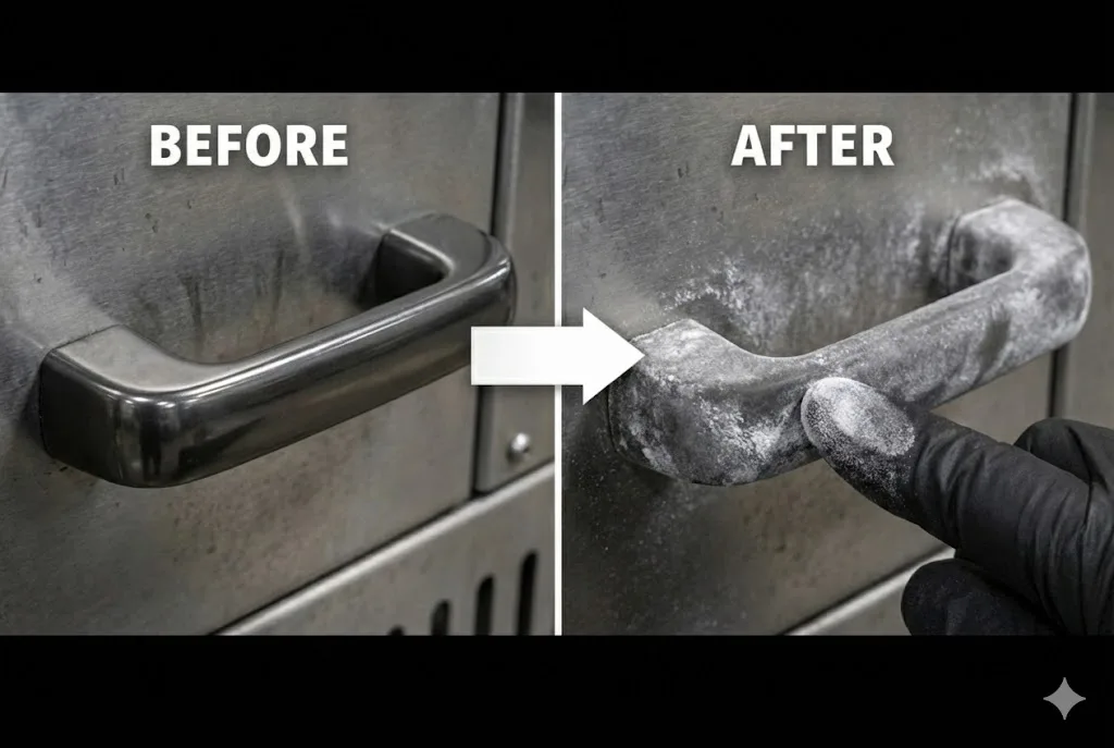 Comparison of polymer handles versus dull, chalked, and faded weathered handles due to UV degradation.