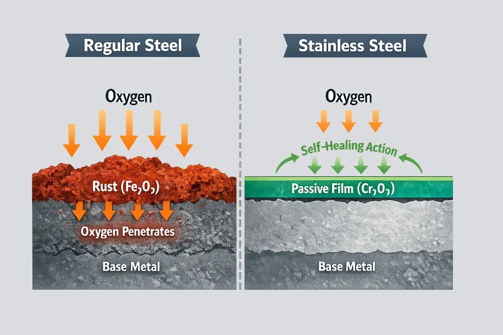 Cross-section: steel rusts as oxygen penetrates; stainless blocks with Cr2O3 film.