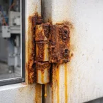 Charnière d'armoire rouillée présentant une corrosion importante et des traces jaune-orange sur la surface de la porte.