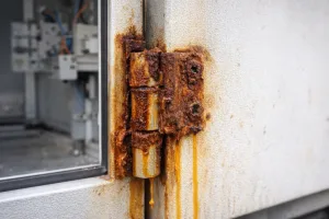 Verrostetes Schrankscharnier mit starker Korrosion und gelb-orangen Schlieren auf der Türoberfläche.