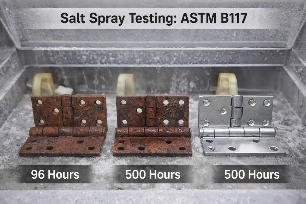 ASTM B117 Salzsprühnebeltest mit Scharnieren nach 96h und 500h Einwirkung.