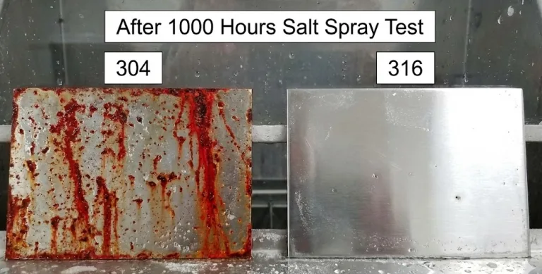 Stainless Steel Hinges after 1000-hour salt spray test: 304 rusts; 316 stays mostly clean.