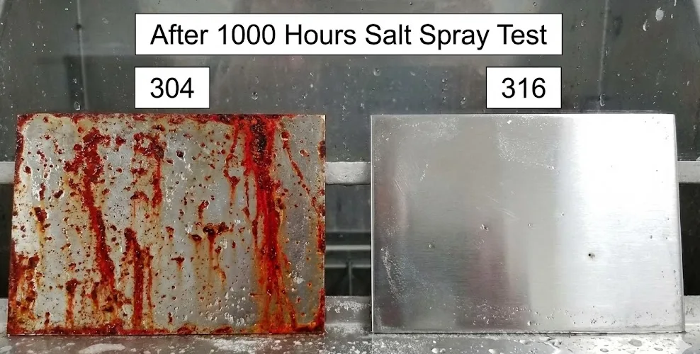 Stainless Steel Hinges after 1000-hour salt spray test: 304 rusts; 316 stays mostly clean.