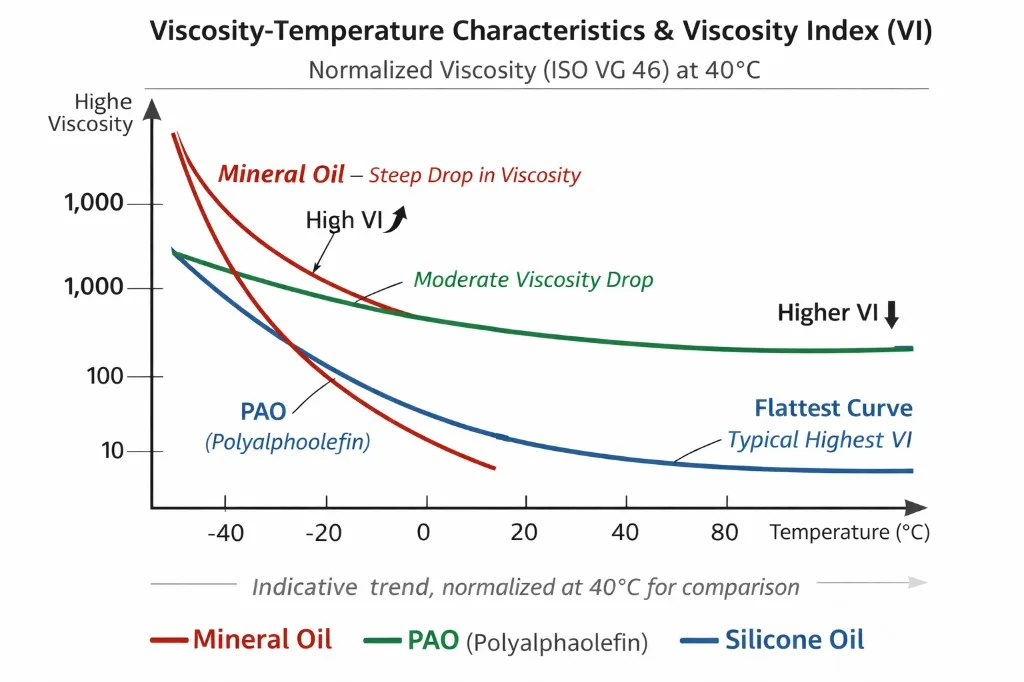 Konzeptionsgrafik zur Veranschaulichung der Viskositätsindexunterschiede zwischen Mineralöl, PAO und Silikonflüssigkeiten in extremen Temperaturbereichen.