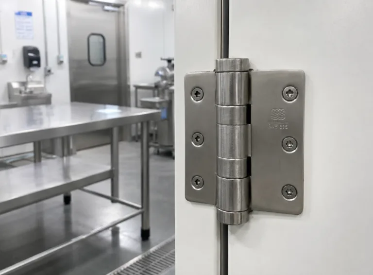 316 stainless steel hinges installed on a stainless food-grade processing room door