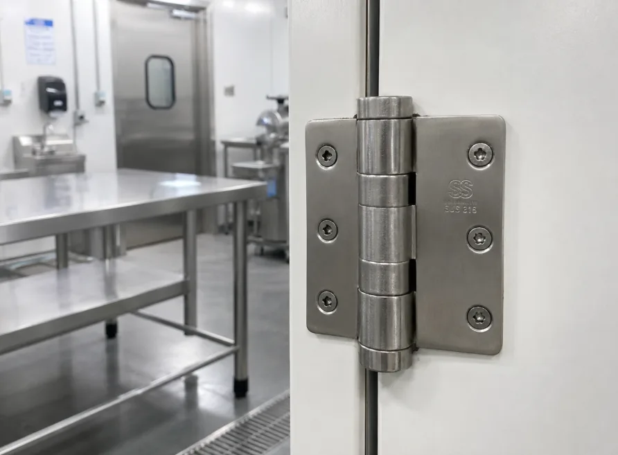 316 stainless steel hinges installed on a stainless food-grade processing room door
