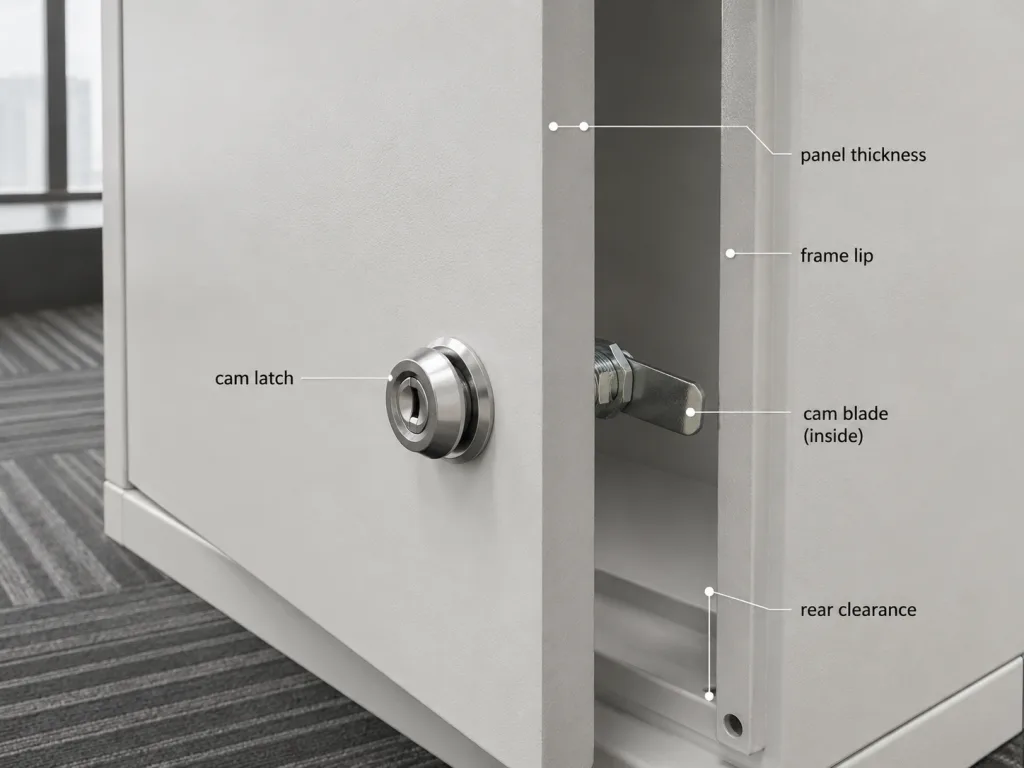 Cam latch fit verification on an electrical cabinet showing panel thickness, cam length, frame lip, and rear clearance