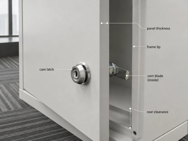 Cam latch fit verification on an electrical cabinet showing panel thickness, cam length, frame lip, and rear clearance