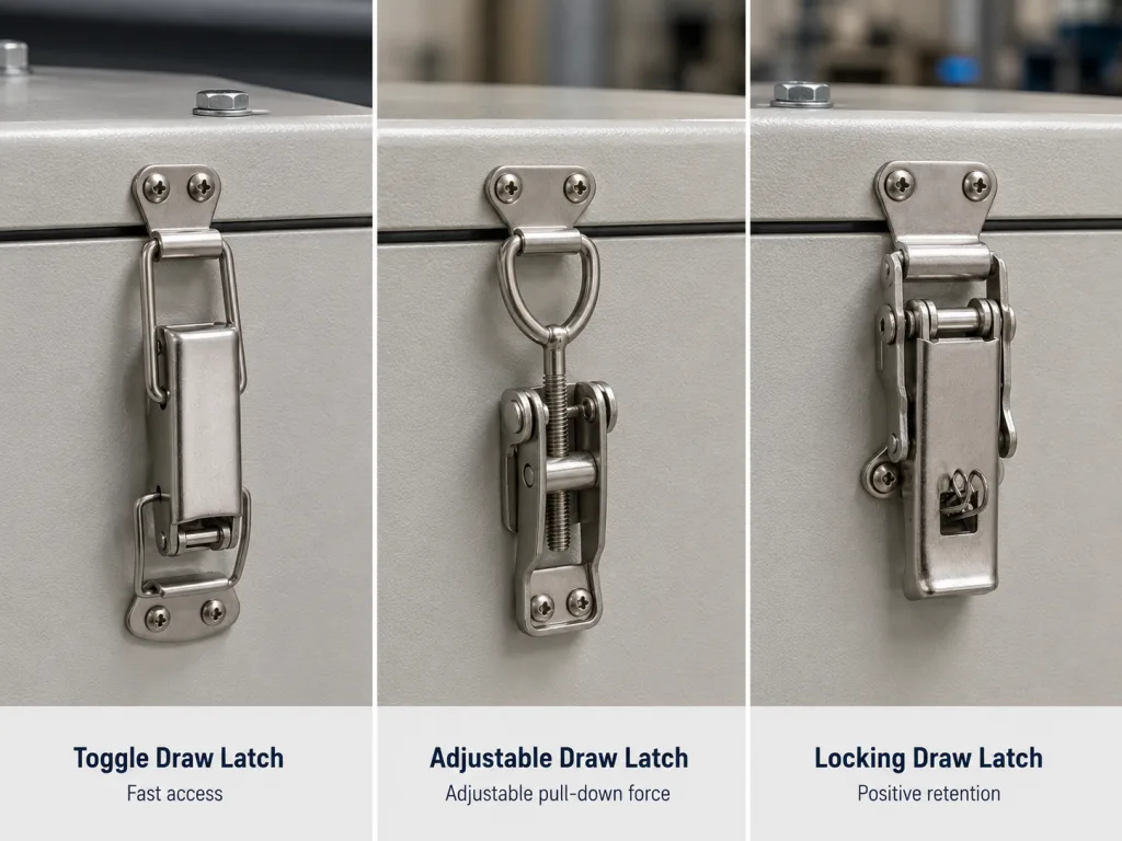 Toggle, adjustable, and locking draw latches for vibration equipment selection