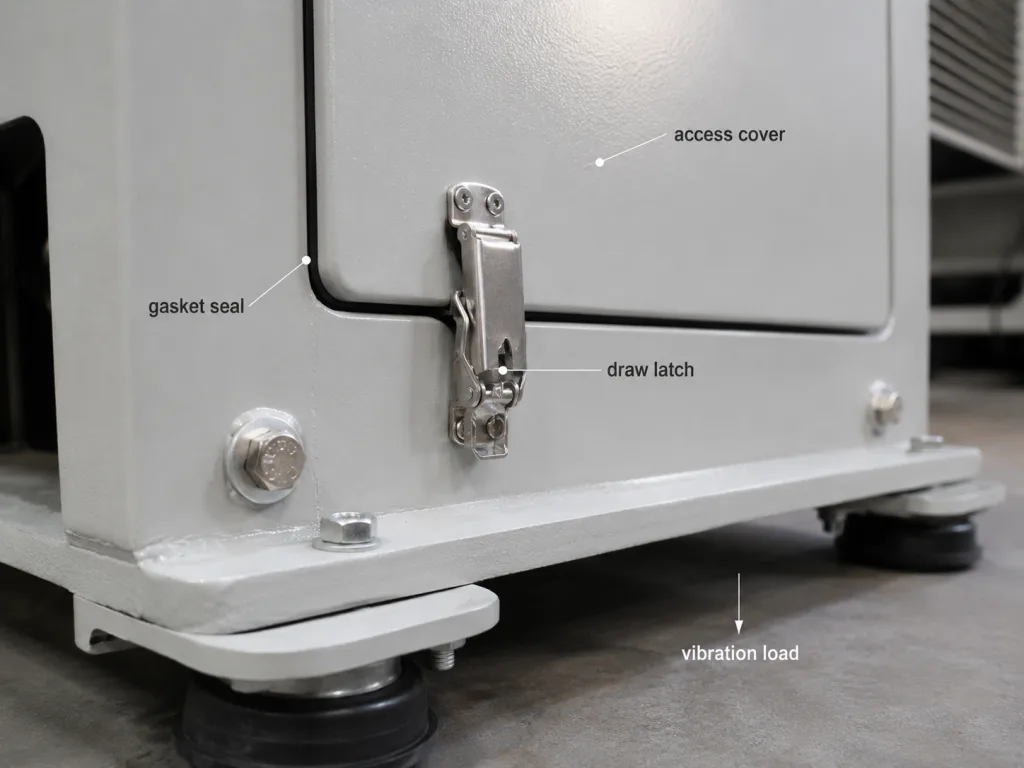 Draw latch on vibration equipment access cover with gasket seal