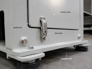 Draw latch on vibration equipment access cover with gasket seal