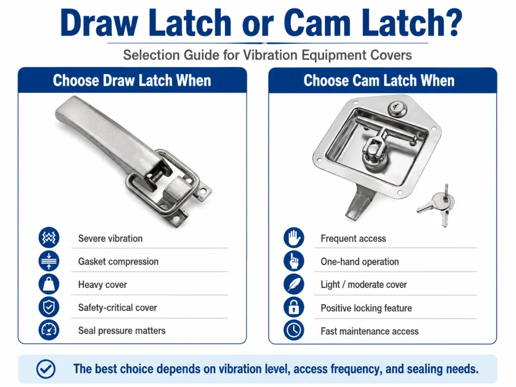 Draw latch vs cam latch selection guide for vibrating equipment covers