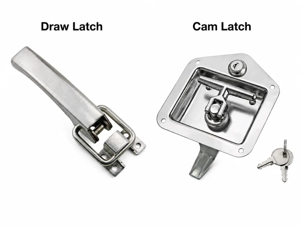 Draw latch vs cam latch structure comparison for vibration equipment covers