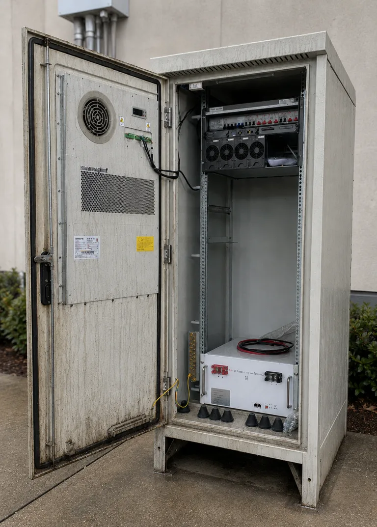 Outdoor electrical enclosure with water marks, gasket aging, and latch area showing early seal loss