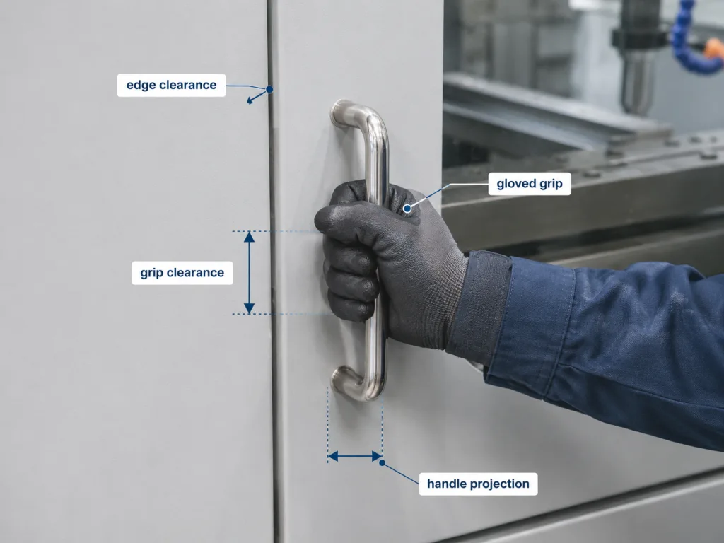 U-shaped handle grip clearance for gloved operation showing hand space, edge clearance, and handle projection