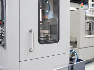 U-förmiger Griff, der an einem Industrietor installiert wird, mit freiem Griffbereich für den Zugang des Bedieners