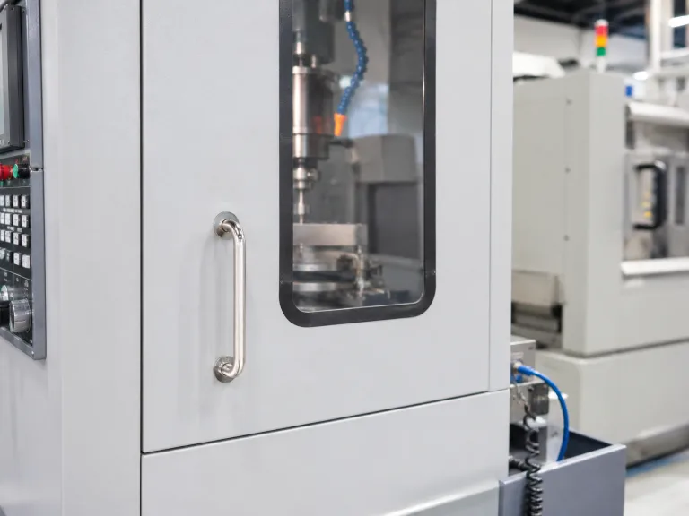 Poignée en forme de U installée sur une porte d'équipement industriel avec un espace de préhension dégagé pour l'accès de l'opérateur