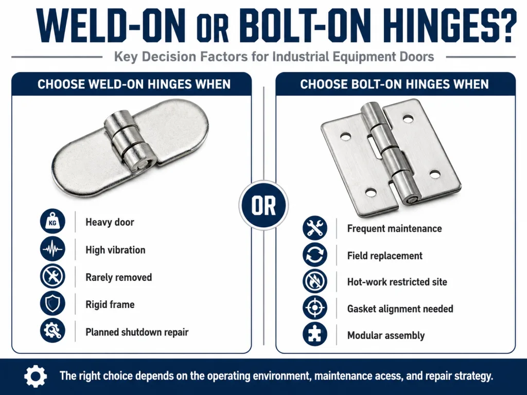 Weld-on vs bolt-on hinge decision factors for industrial equipment doors