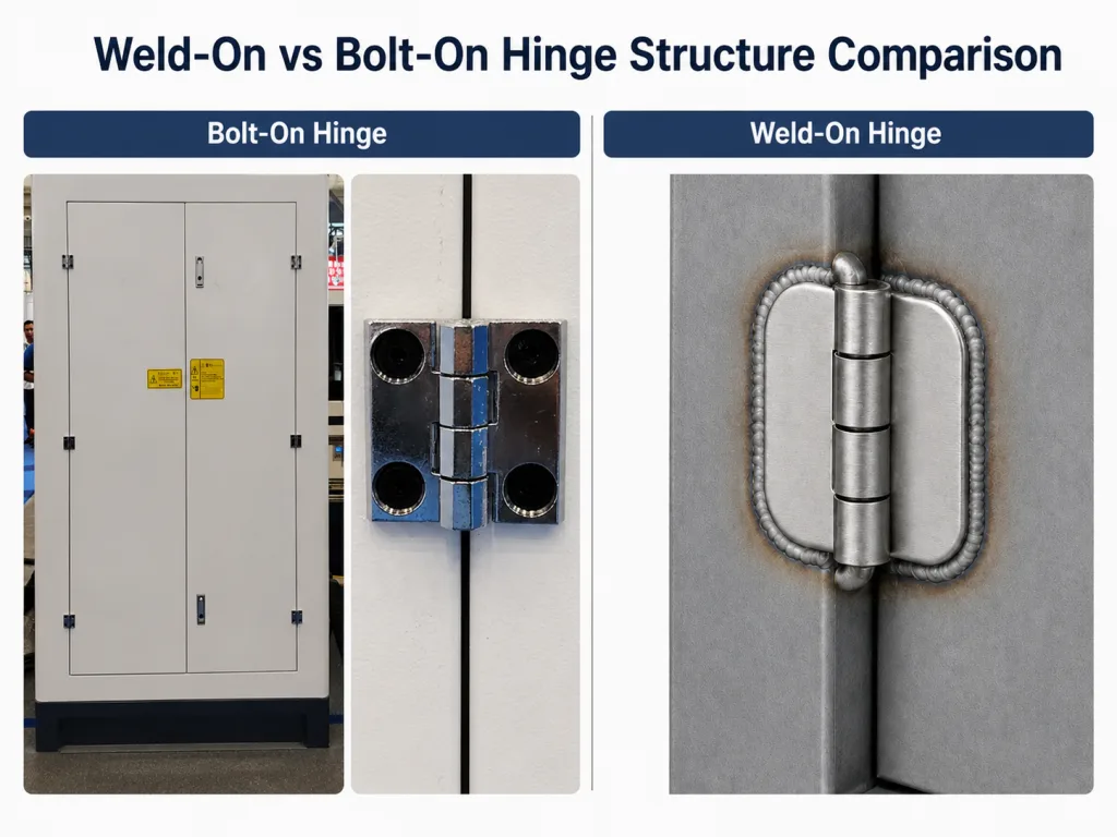 Weld-on vs bolt-on hinge structure comparison for industrial equipment doors