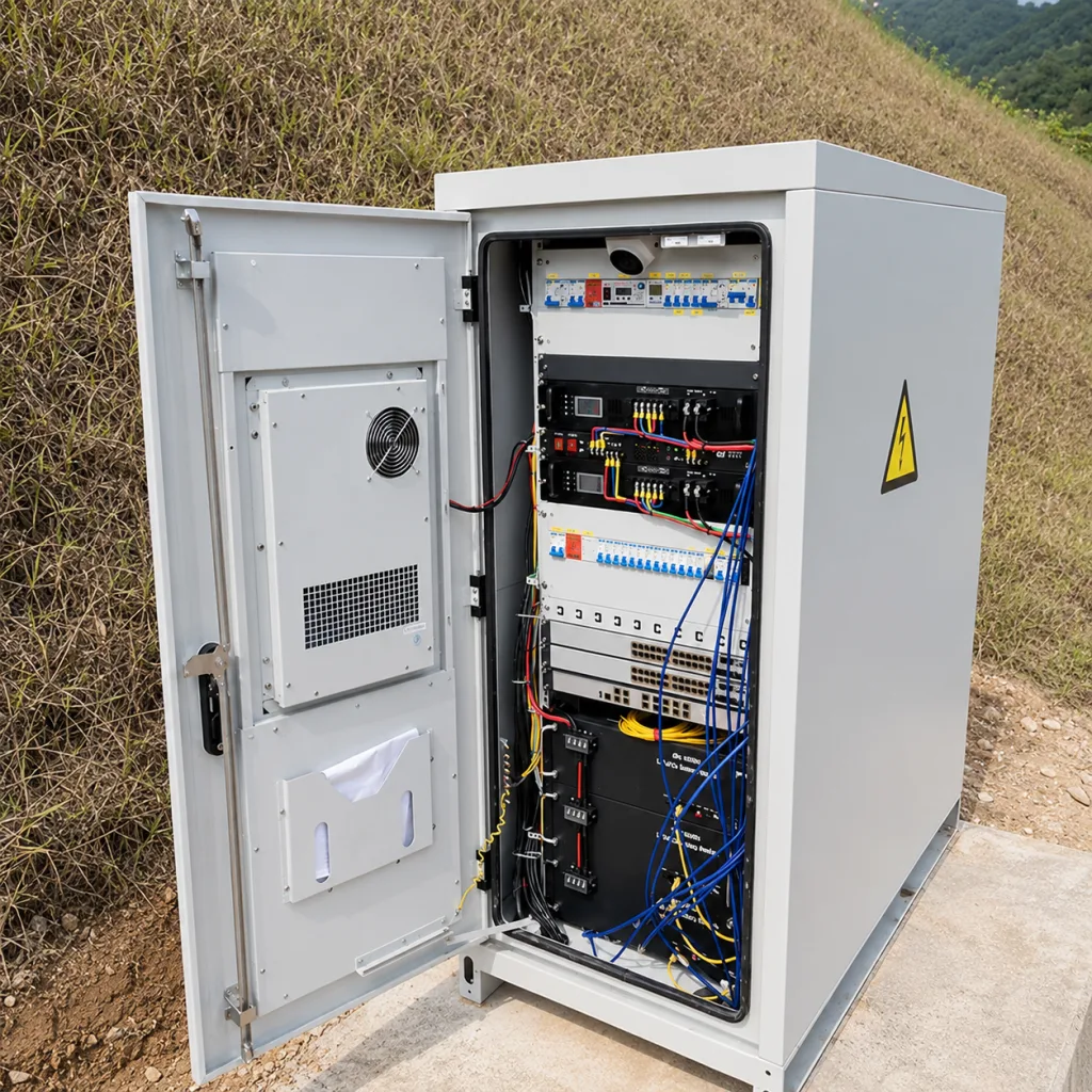 Armadio elettrico per esterni con sportello incernierato aperto