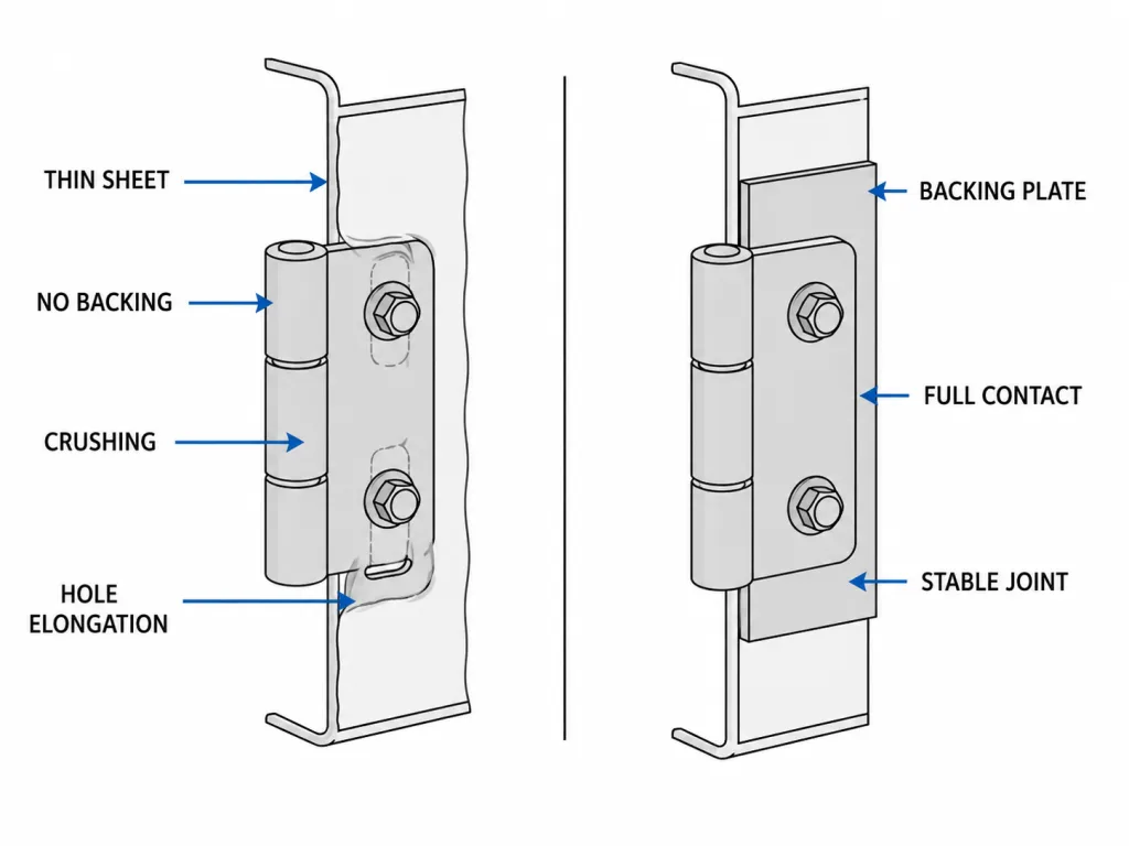 Bolt-on hinge mounted to thin sheet compared with reinforced backing plate