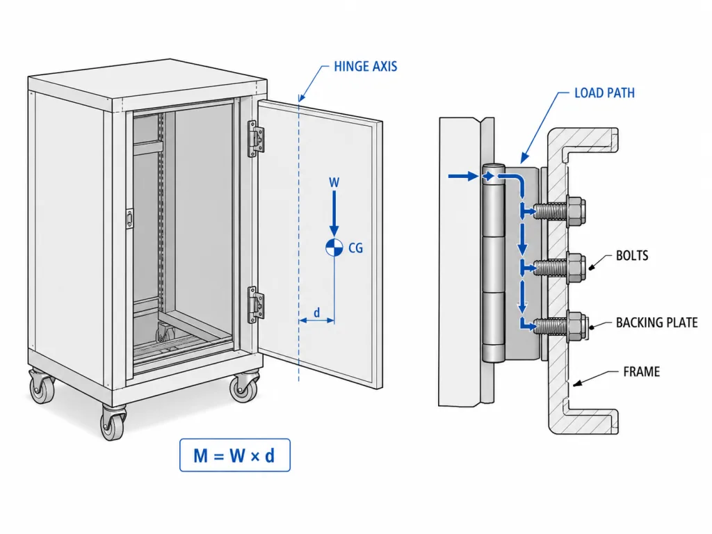 Bolt-on machine frame door hinge load path with backing plate