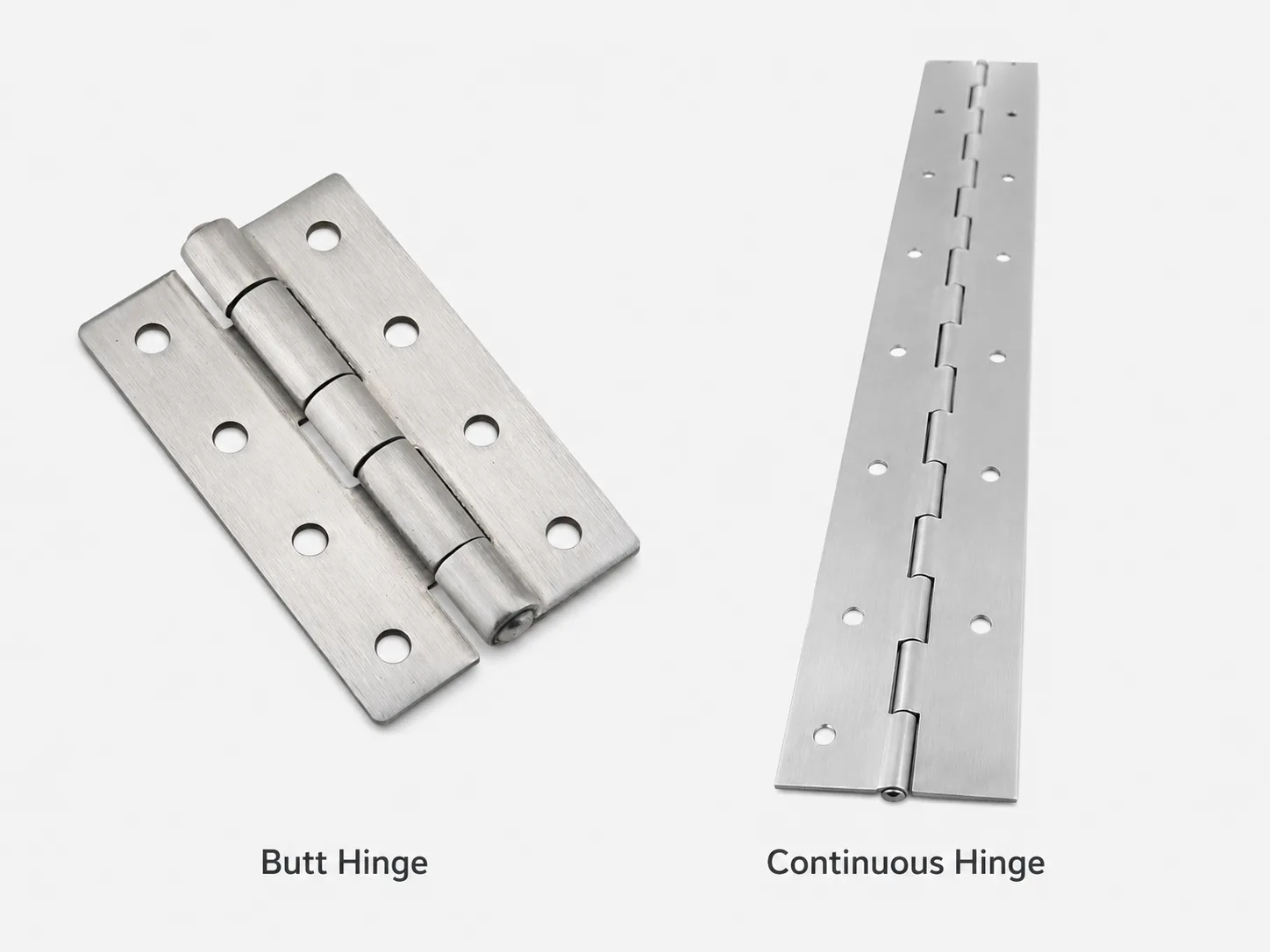 Butt hinge with three knuckles beside a full-length continuous piano hinge