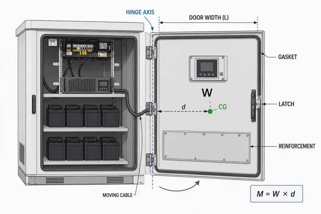 Schematische Darstellung von Belastung, Schwerpunkt und Scharnierachse der Tür eines EV-Ladeschranks