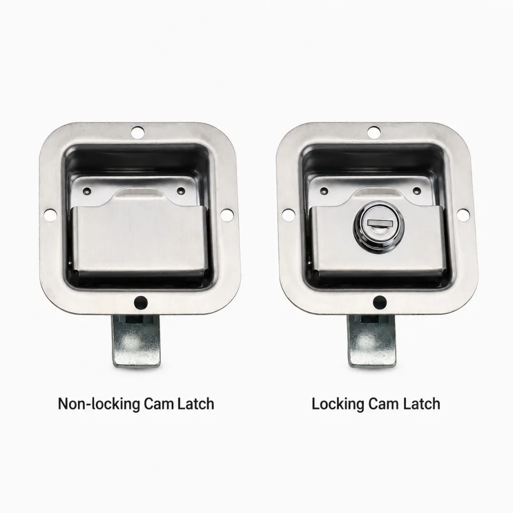Non-locking cam latch beside a locking cam latch with key cylinder