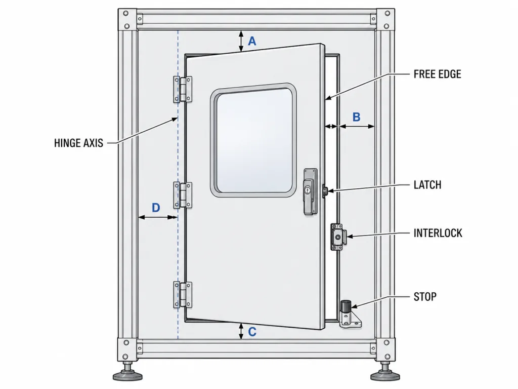 Machine door hinge assembly baseline measurement points and hinge axis