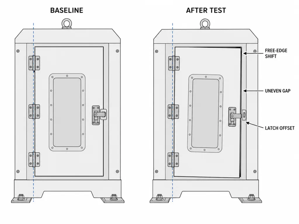 Machine door hinge assembly alignment before and after operating exposure