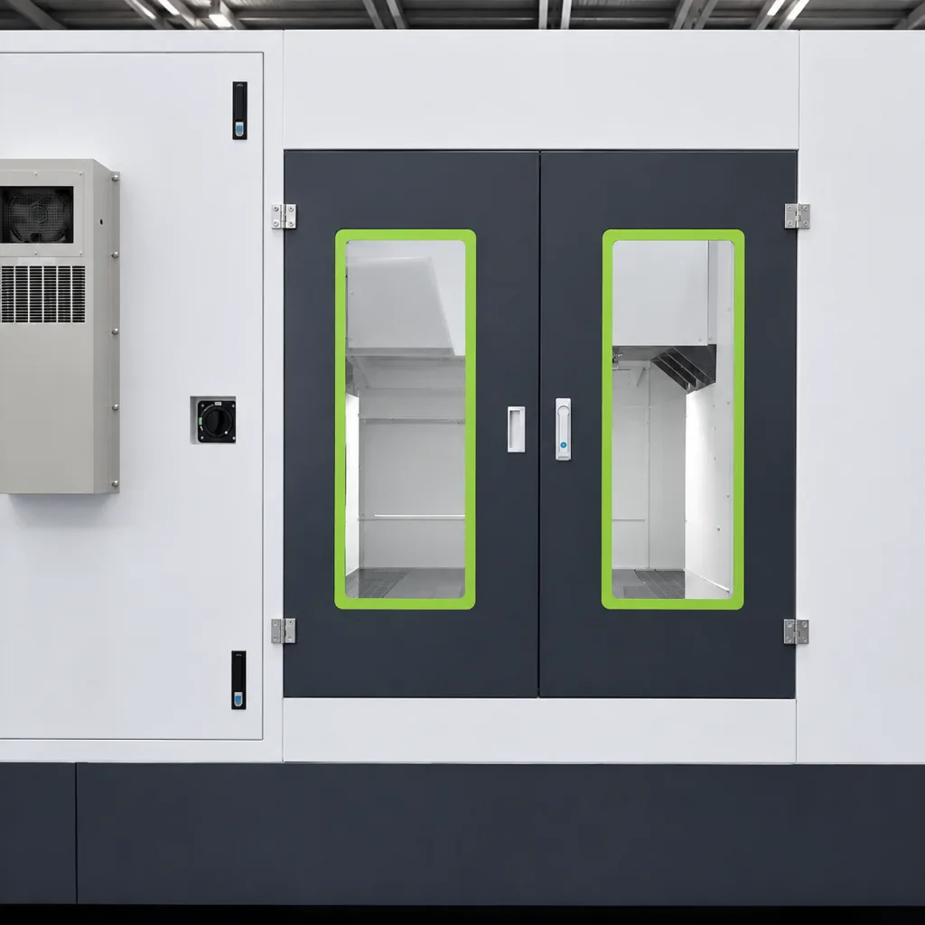 Machine door hinge assembly installed on an industrial equipment frame